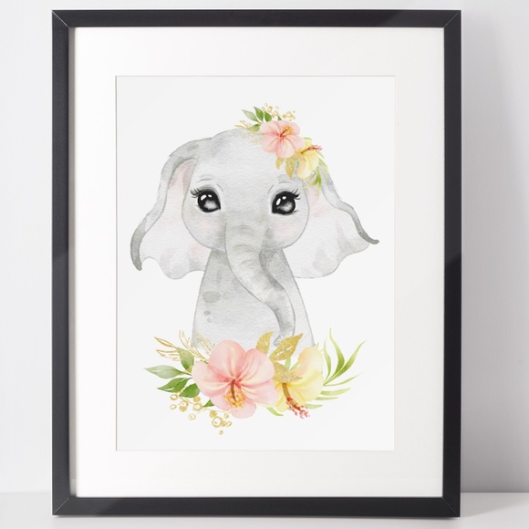 Cute Watercolor Floral Elephant Wall Art Print Poster Unframed - Picture 3 of 15